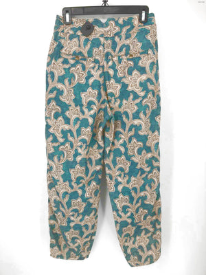 ANTHROPOLOGIE Teal Beige 100% Cotton Print Wide Leg Size 4  (S) Pants