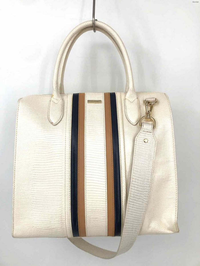 BRAHMIN White Navy Leather Pre Loved Reptile Pattern Embossed Boston Purse