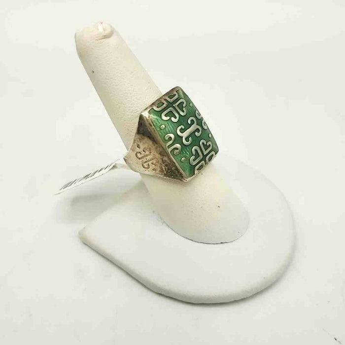 Green Sterling Silver Enamel Rectangle SZ 7.5 Ring SS