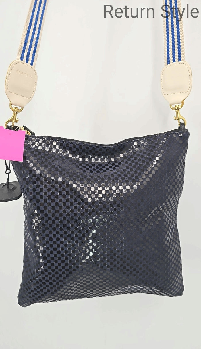 CLARE V Navy Leather Pre Loved Checkered Crossbody Purse