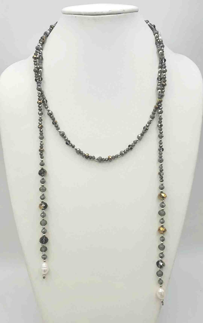 Gray White Beaded Pearl Pre Loved 50" Lariat