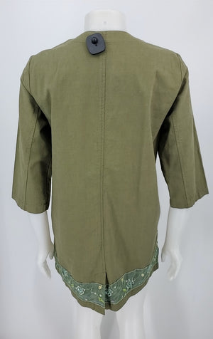 EILEEN FISHER Olive Green Embroidered Trim Drape Front Jacket