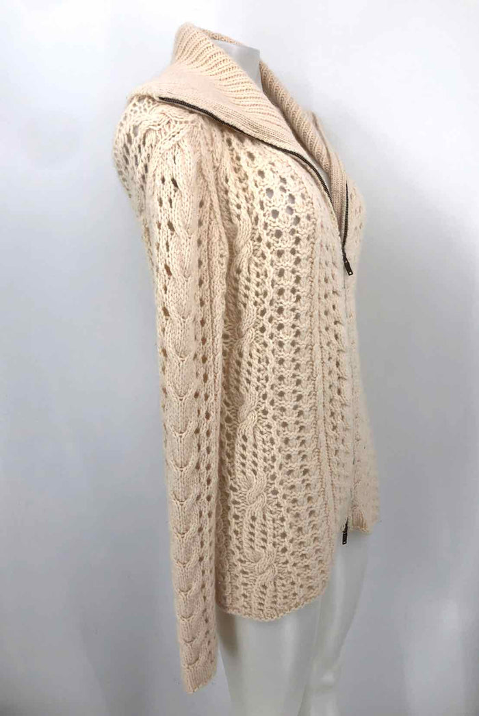 NICOLE FARHI Cream Wool Blend Open Weave Zip Front Cardigan Sweater