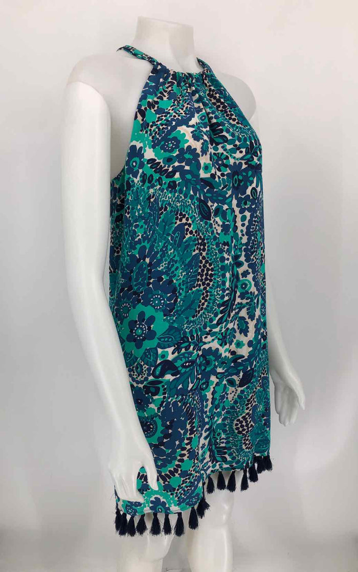 TRINA TURK Turquoise Blue Multi Silk Floral Design Tassels Size 10  (M) Dress