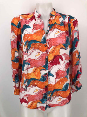 MAEVE - ANTHROPOLOGIE Pink & White Orange Multi Horse Print Button Up Top