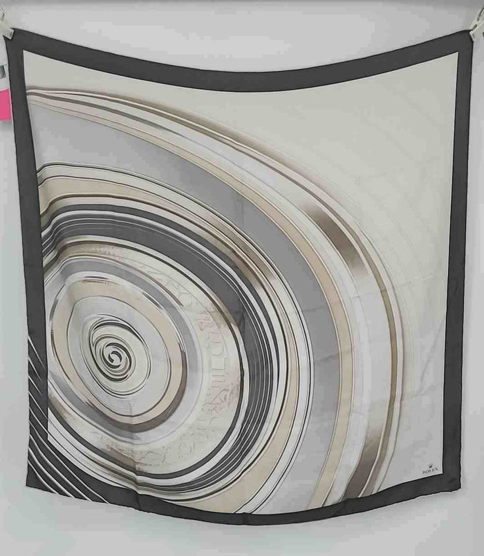 ROLEX Gray White Silk Pre Loved AS IS Spiral Scarf