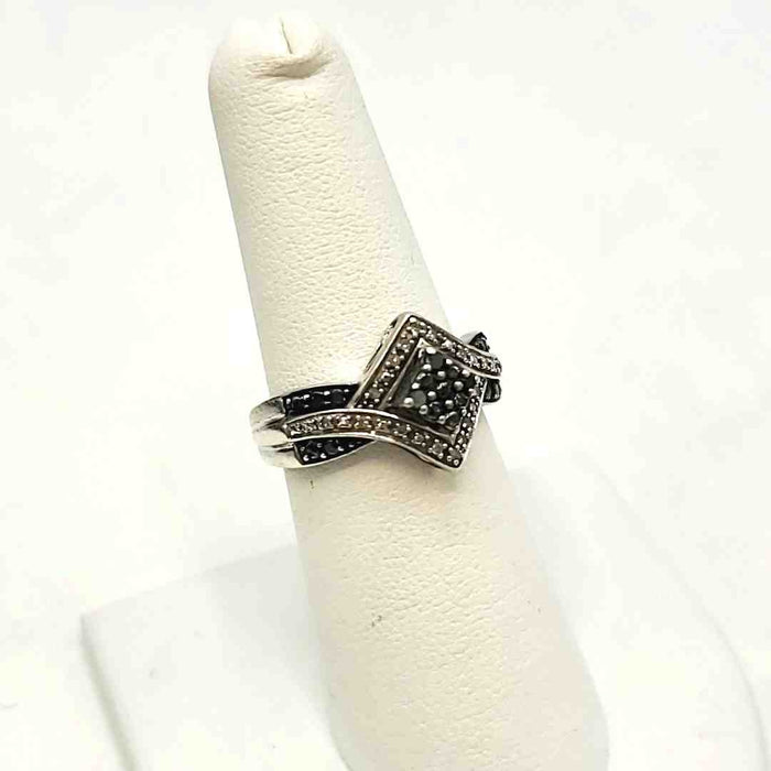 Black Clear Sterling Silver Geometric Pave SZ 7 Ring SS