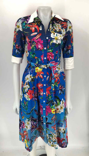 MARY KATRANTZOU Blue Red Multi Floral Print Longsleeve Size 6  (S) Dress