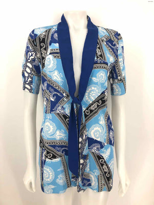 DVF - DIANE VON FURSTENBERG Blue & White Black Silk Print Half Button Up Top