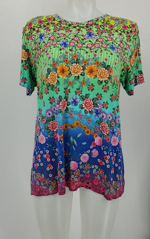 JOHNNY WAS Green Blue Multi Floral T-shirt Size LARGE  (L) Top