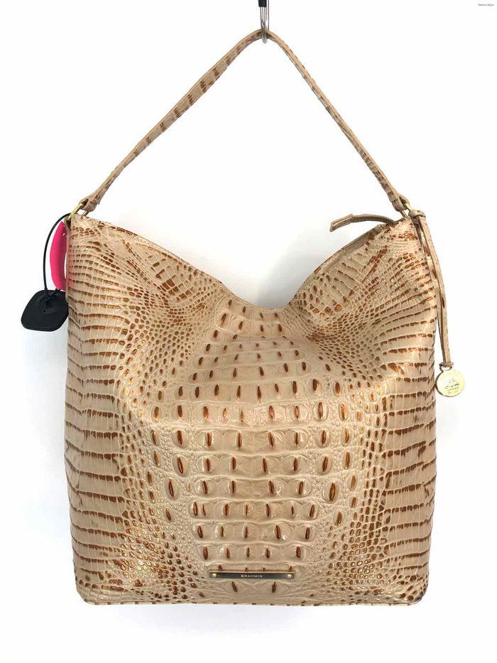 BRAHMIN Cream Bronze Embossed leather Pre Loved Shoulder Bag Purse