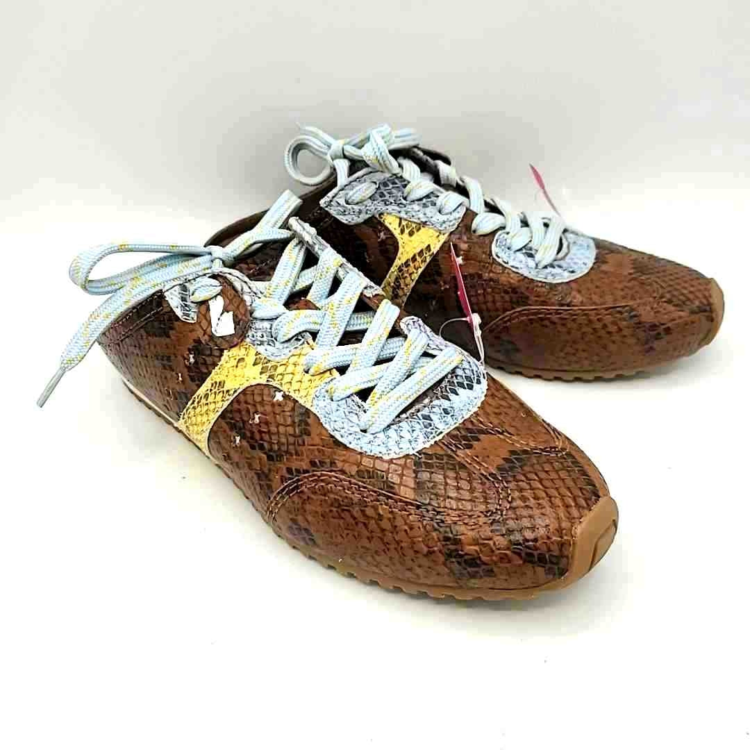 ロンジュン   ポラロイド LARROUDE Brown Blue & Yellow Leather Reptile Mule Sneaker Shoe