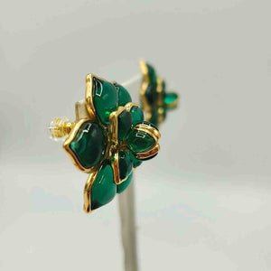 Goldtone Green Pre Loved Flowers Earrings