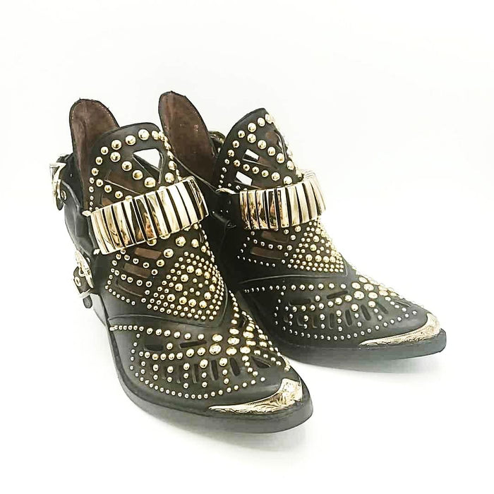 JEFFERY CAMPBELL Black Gold Leather Studded 3" Chunky Heel Shoe Size 6-1/2 Shoes