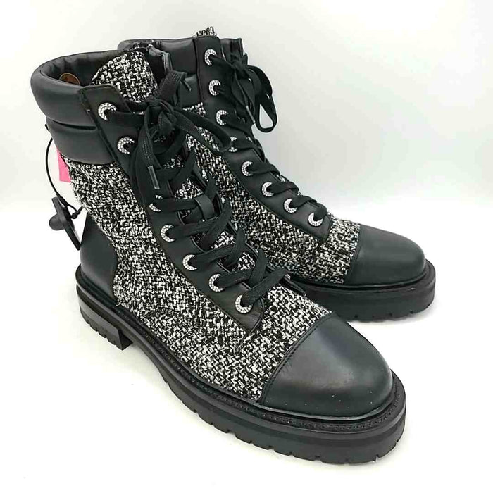 KURT GEIGER Black White Leather & Synthetic Tweed Combat Boots