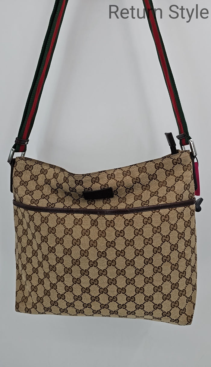 GUCCI Tan Gray Coated Canvas Leather Trim Pre Loved Crossbody Purse