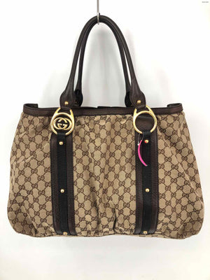 GUCCI Brown & Tan Gold Leather & Canvas Pre Loved - Altered Monogram Tote Purse