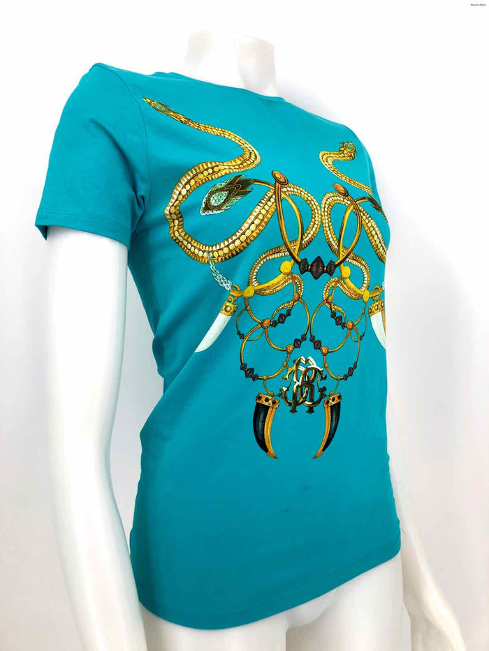 ROBERTO CAVALLI Turquoise Gold Italian Made Snake Pattern Size MEDIUM (M) Top