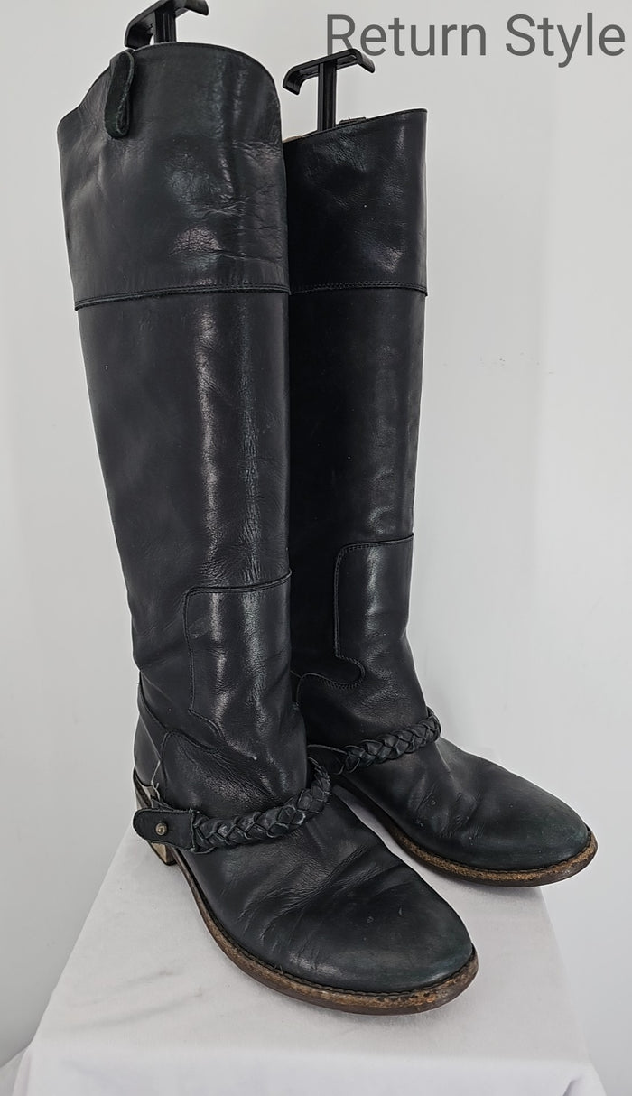 GOLDEN GOOSE Black Goldtone Leather Made in Italy Braided Trim Tall Boots