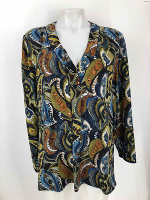 LAFAYETTE 148 Blue Green Multi Silk Print Longsleeve Size X-LARGE Top