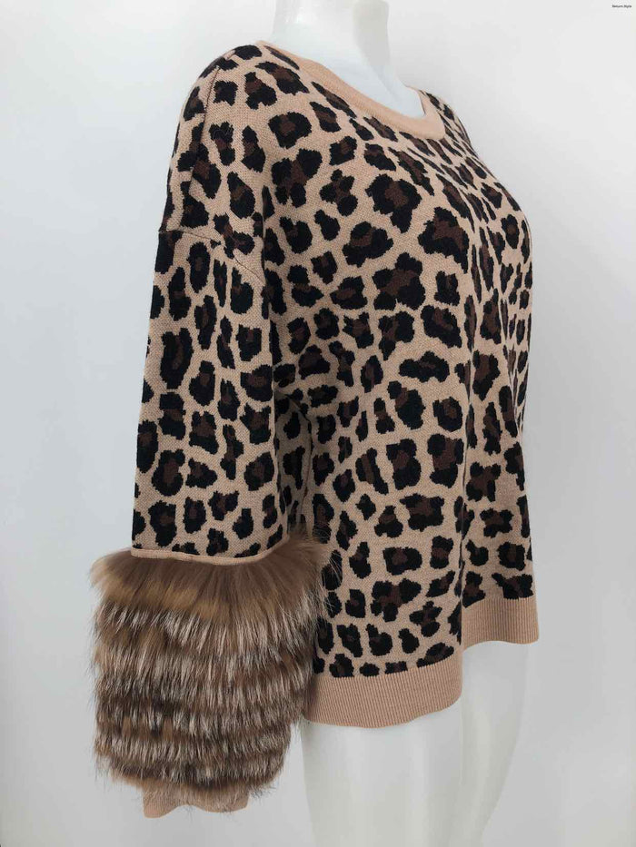 ALICE & OLIVIA Tan Black & Brown Knit Furry Trim Animal Print Sweater