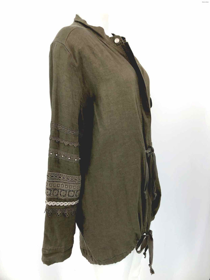 4 LOVE AND LIBERTY (JOHNNY WAS) Olive Green Linen Lace Trim Crystal Jacket