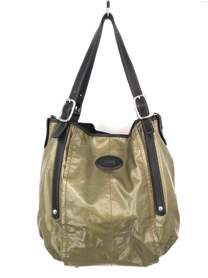 TODS Olive Green Dark Brown Canvas & Leather Pre Loved AS IS shamrock Purse