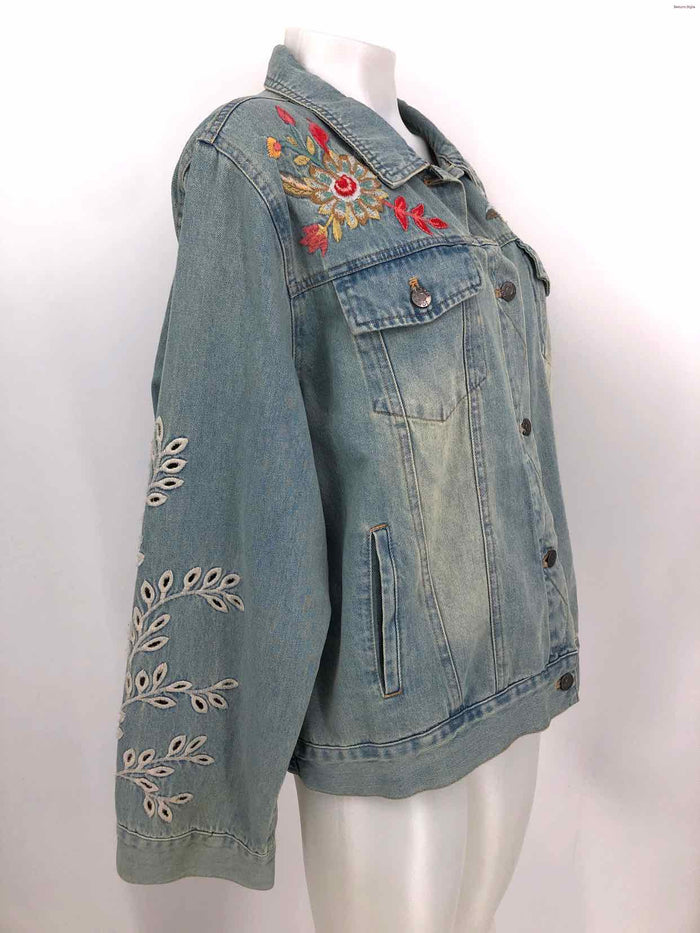 JOHNNY WAS Lt Blue Pink Multi Denim Embroidered Longsleeve Jacket