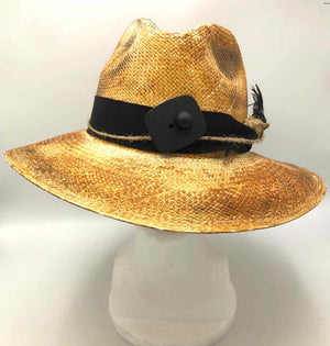 GRAND CENTRAL FASHION Tan Beige & Black Straw Feather Pre Loved AS IS Hat