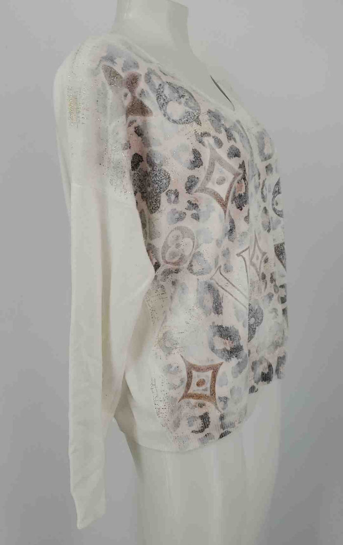 VENTI SEI White & Grey Gold Multi Knit Made in Italy Word Print Longsleeve Top