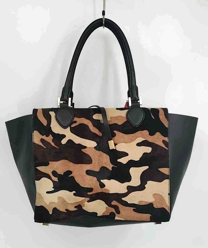 MICHAEL KORS Black Brown & Beige Leather Furry Trim Camoflage Tote Purse