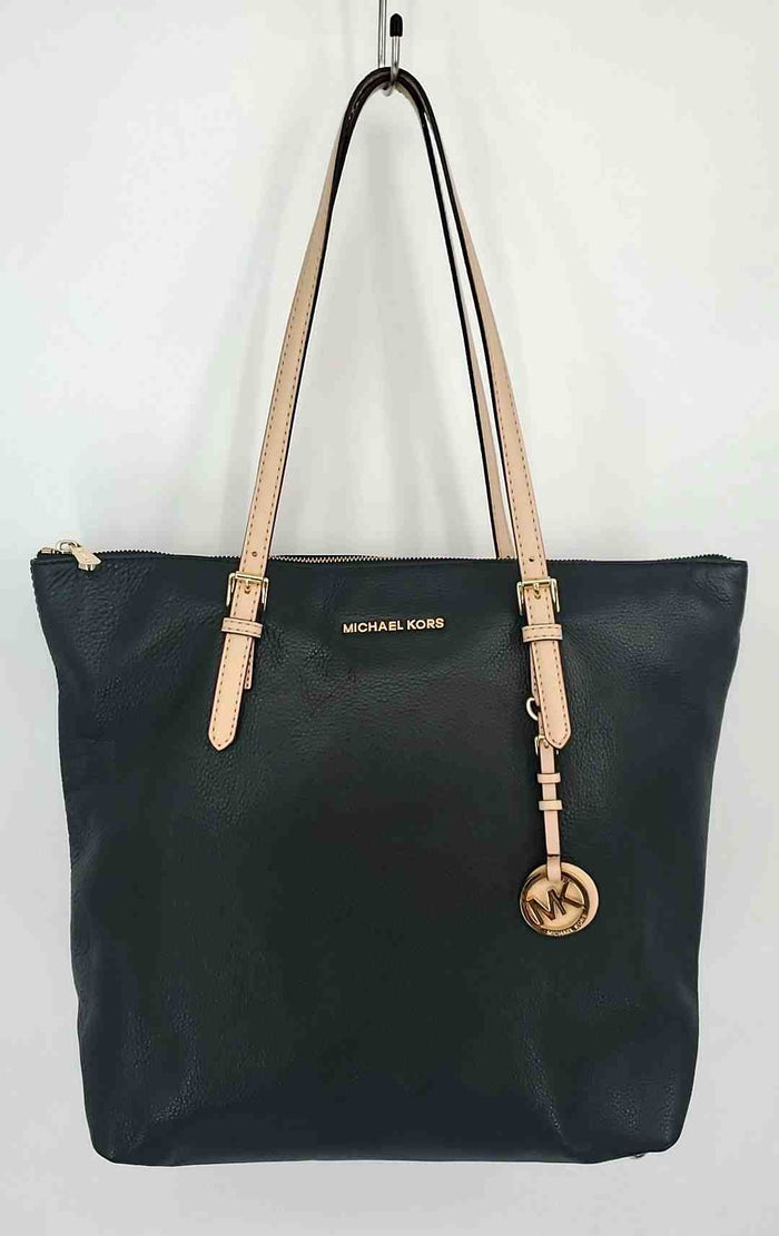 MICHAEL KORS Black Goldtone Pebbled Leather Zip Top Tote Purse