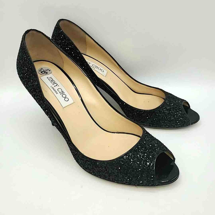 JIMMY CHOO Black Leather Made in Italy Peep Toe 3.5" Heel Shoes