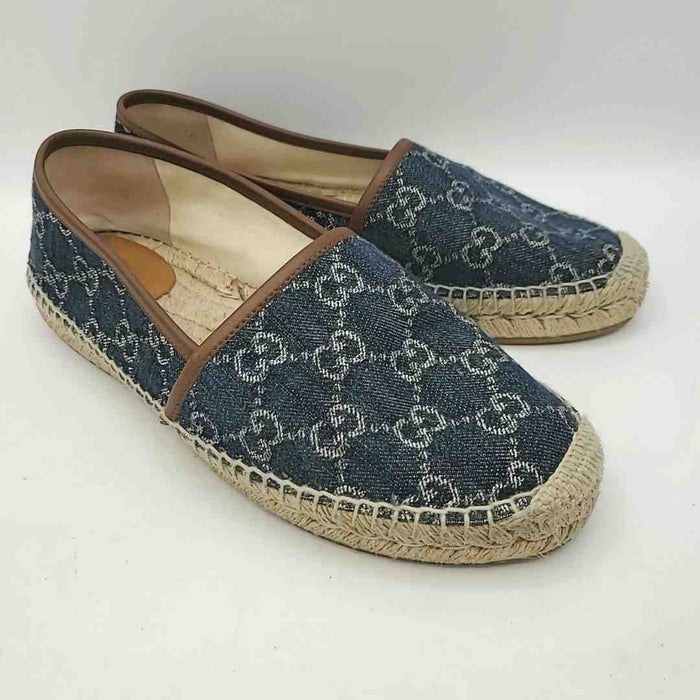 GUCCI Blue Beige Denim Made in Spain Monogram Espadrille Shoes