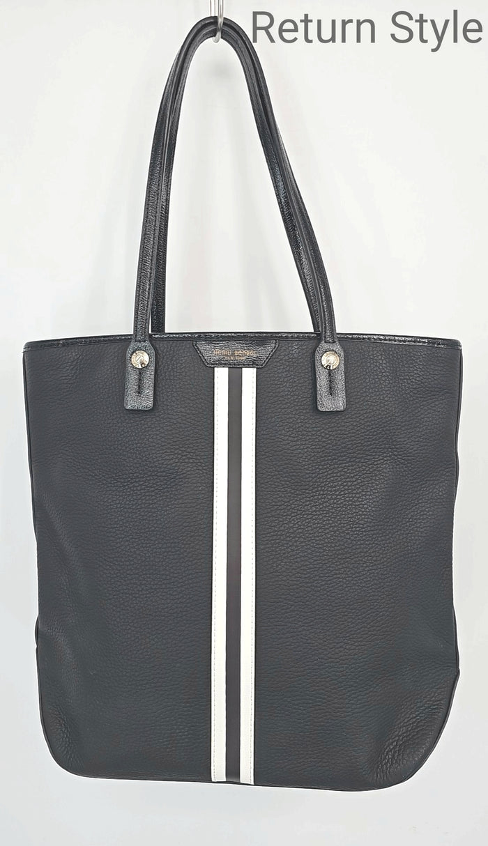 HENRI BENDEL Black White Pebbled Leather Stripe Trim Tote Purse