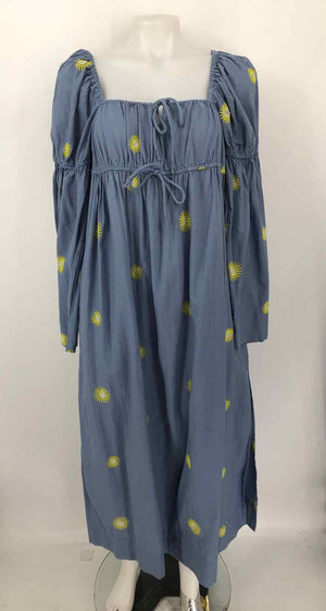 FREE PEOPLE Blue Gray Green Multi Cotton & Linen Embroidered Longsleeve Dress