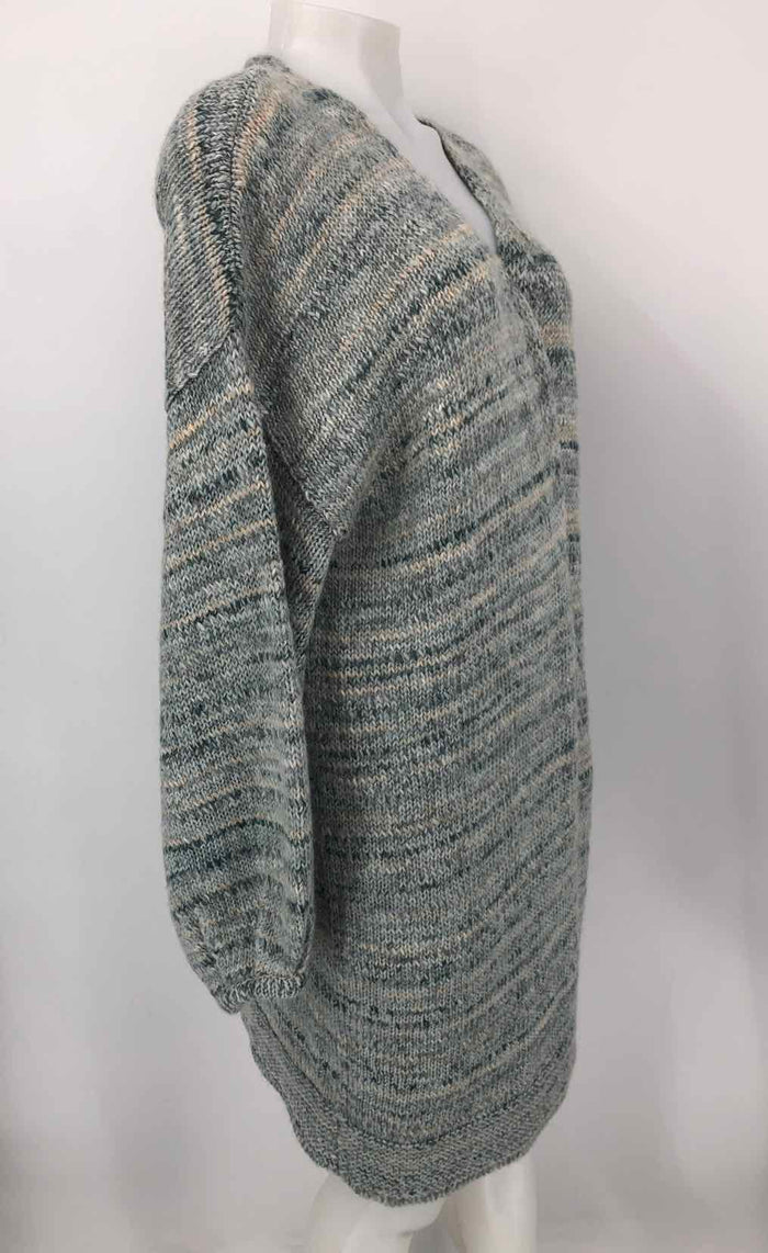 LOVESTITCH Aqua Blue Ivory Blend w Wool Woven Open Cardigan Sweater