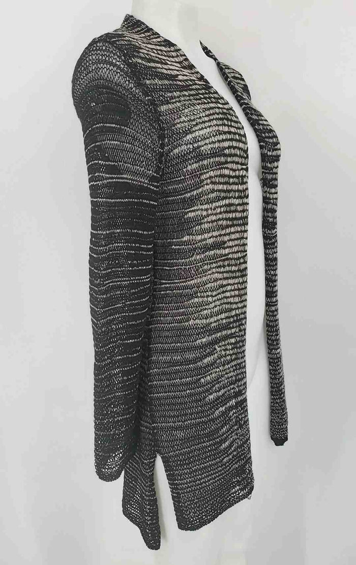 EILEEN FISHER Black Beige Wool Blend Woven Pattern Open Cardigan Sweater