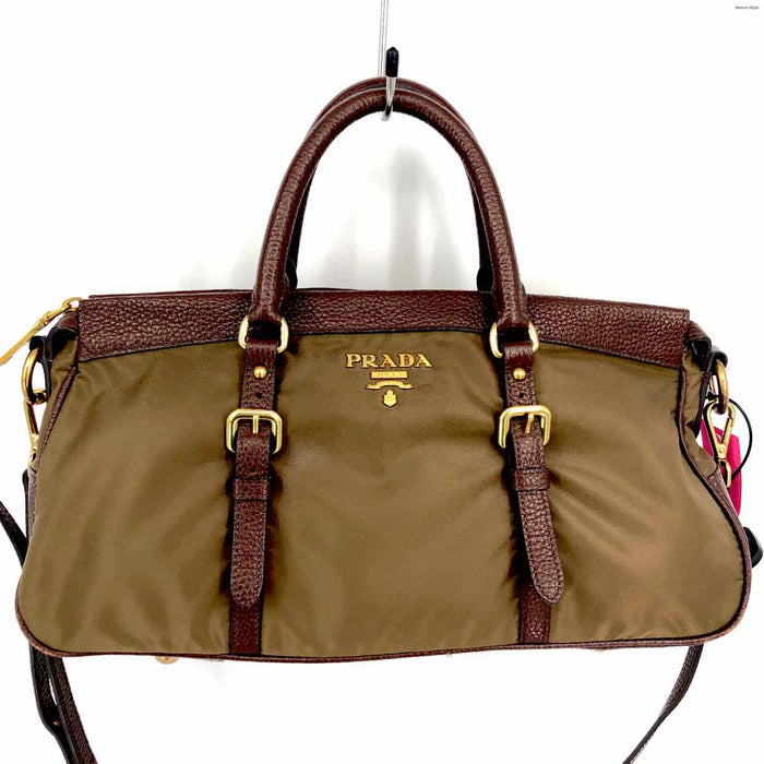 PRADA Olive Brown Nylon Leather Trim Pre Loved Satchel Purse