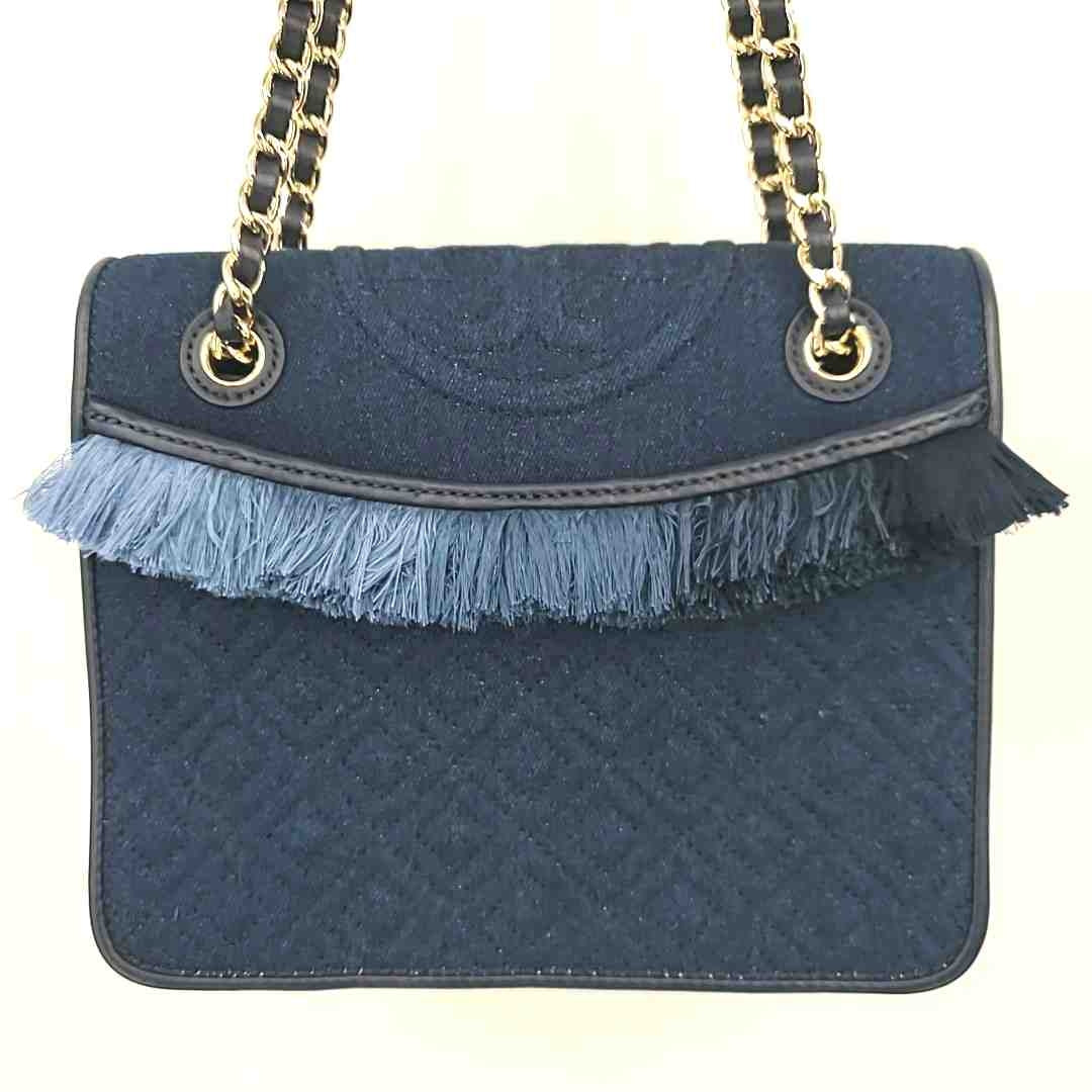 TORY BURCH Navy Goldtone Denim Chain Has Tag Fringe Crossbody