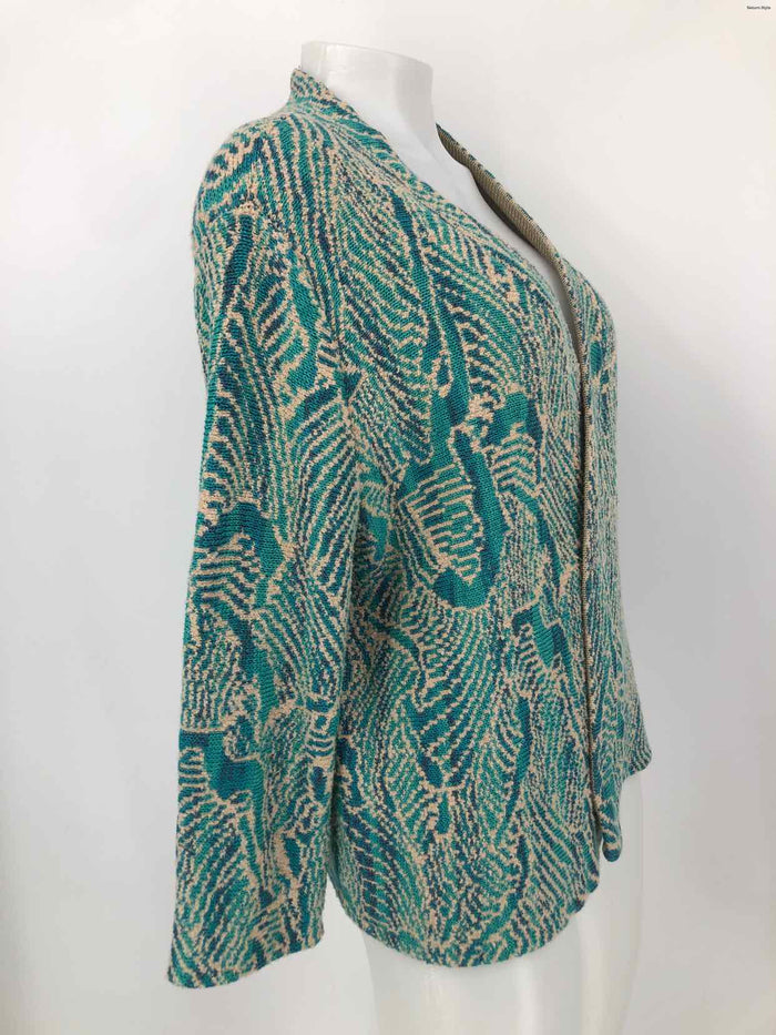 PERUVIAN CONNECTION Turquoise Beige Pima Cotton Design Wrap Sweater