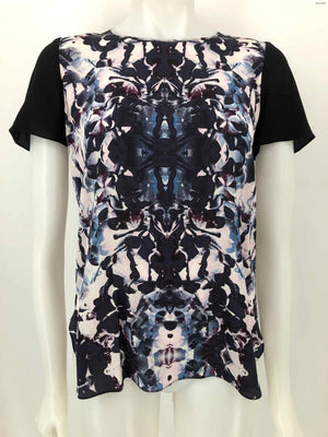REBECCA TAYLOR Navy White Multi Silk Floral Print Short Sleeves Size 4  (S) Top