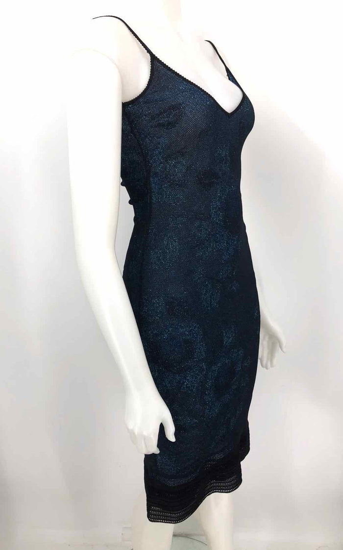 GALLIANO Navy Black Woven Made in Italy Sparkle Spaghetti Strap Dress