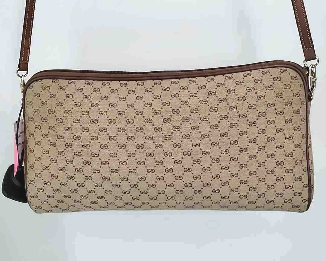 GUCCI Beige Tan Leather trim Canvas Vintage Monogram Crossbody Purse