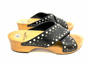 YSL - YVES ST LAURENT Black Silver Leather Studded Clog Sandal Shoes