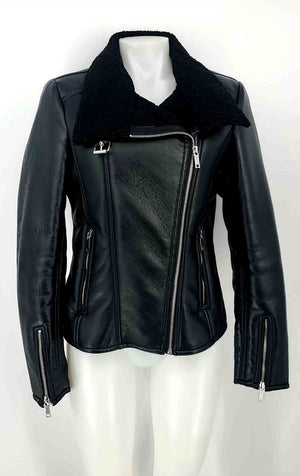 FRENCH CONNECTION Black Silver Faux Leather Furry Inside Moto Jacket