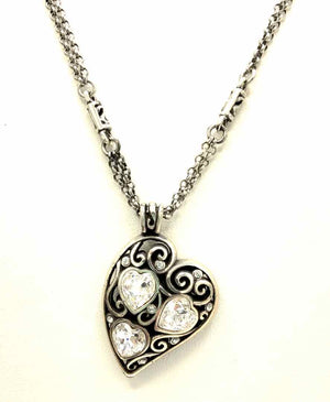 BRIGHTON Silver Plated Clear Crystal Heart 18" Necklace