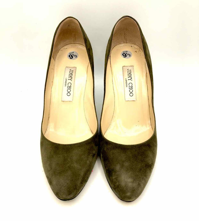JIMMY CHOO Olive Green Suede Leather Made in Italy Pump 3.5" Chunky Heel Shoes