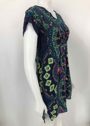 MAEVE - ANTHROPOLOGIE Navy Green Multi Silk Print Short Sleeves Dress
