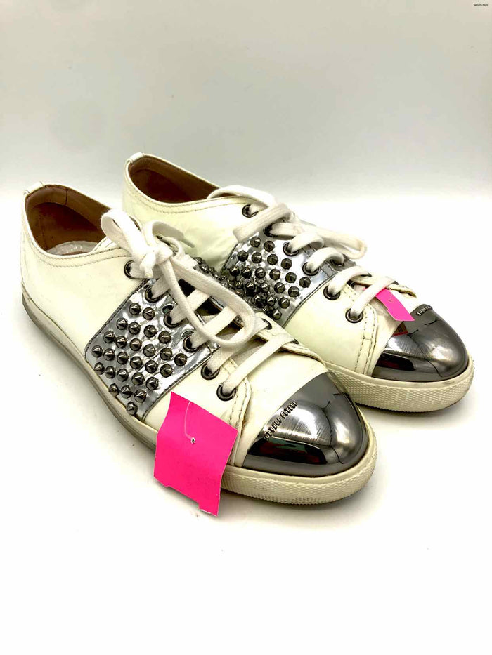 MIU MIU Ivory Patent Leather Spikes Sneaker Shoe Size 38 US: 7-1/2 Shoes